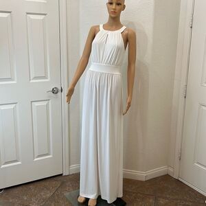 Carmen Pearl Ivory Dress Pool Cover Up Medium Maxi Halter Keyhole Button Sheer